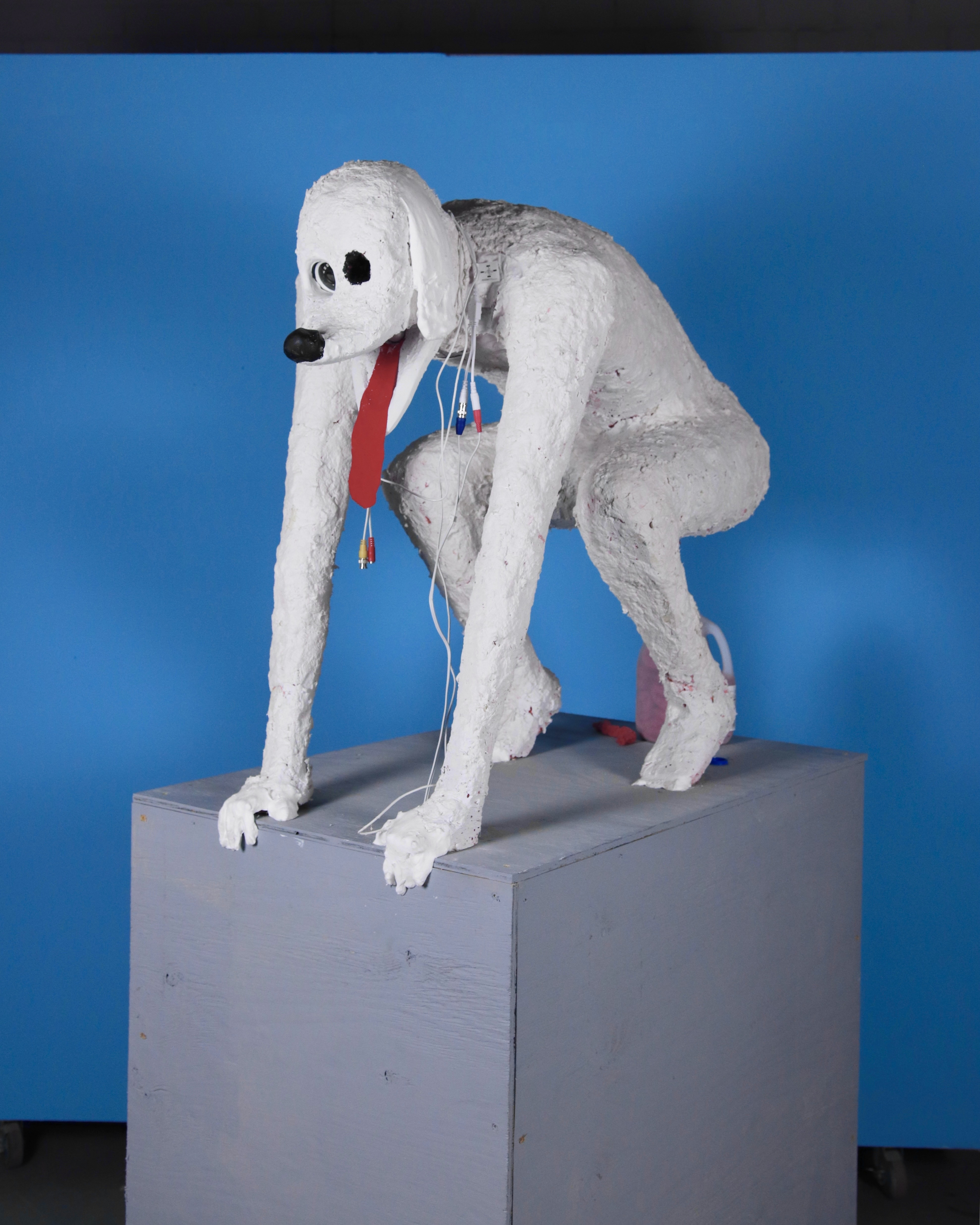 A white humanoid dog on a pedestal